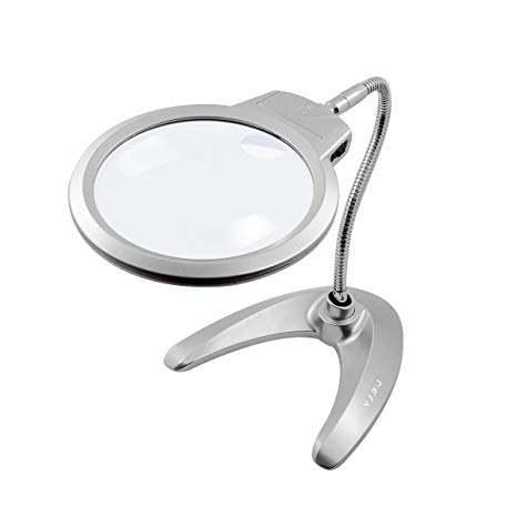 Hands Free Magnifying Glass with LED Light, 2X 5X LED Magnifying Glass Lamp for Reading, Stand Magnifier Desk Lamp for Crafts Jewelry Soldering Sewing