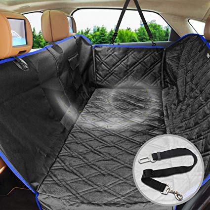 FRiEQ Dog Car Seat Covers Back Seat Cars/Trucks/SUV，Waterproof & Scratch Proof & Nonslip Backing & Hammock Mesh Window, Side Flaps Dog Seat Belt