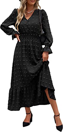 MASCOMODA Women Boho Maxi Dress Long Sleeve V Neck Swiss Dot Smocked High Waisted Button A-Line Ruffle Tiered Fall Long Dress