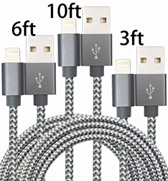 ExtensionY (3 Pack)3,6,10ft Lightning Charging Cable Cord Nylon Braided USB Charge and Sync Cable for iPhone 7/7 plus/6/6s/6 plus/6s plus,5c/5s/5,iPad Air/Mini,iPod Nano/Touch, Compatible with iOS10(Black-Golden)