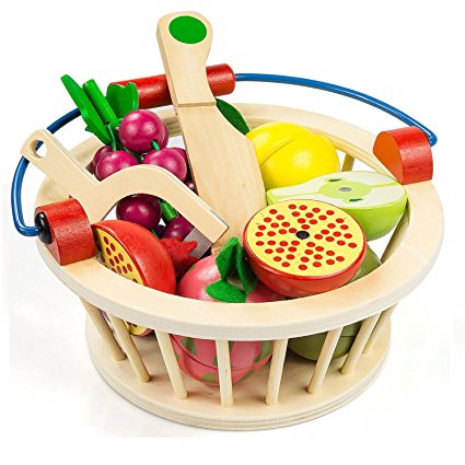 Cutting Food Play Food Toy Set for Kids Magnetic Wooden Cutting Fruits Food With Basket