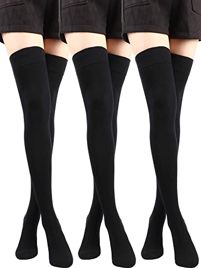 SATINIOR 3 Pairs Over Knee Socks Cotton Thigh High Socks Knit Long Boot Stocking, M, Black