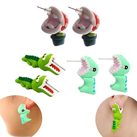 IYSHOUGONG 3 Pair 3D Clay Earrings Handmade Biting Your Ear Animal Polymer Clay Stud Earrings for Women(Dinosaur,Chomper,Alligator)