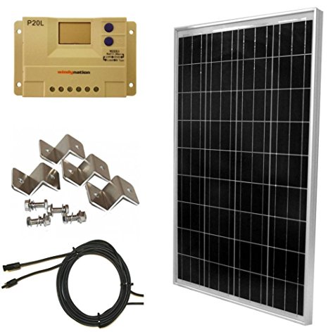 WINDYNATION Complete Solar 100 Watt Panel Kit: 100W Solar Panel   20A LCD Display PWM Charge Controller   MC4 Connectors   Mounting Z Brackets for 12V Battery off grid, RV, Boat
