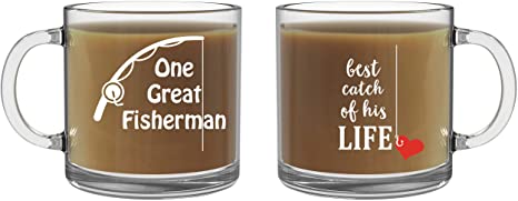 One Great Fisherman, Best Catch of His Life Mugs - 13oz Glass Coffee Mug Couples Sets - Funny His and Her Cups - Wedding or Anniversary - By CBT Mugs