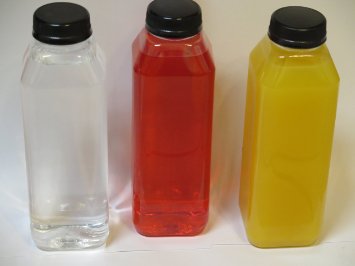 16 oz. Empty Clear Plastic Juice Bottles with with Tamper Evident caps, straws, and white labels. 6 sets- 6 bottles with caps-6 straws - 6 white labels