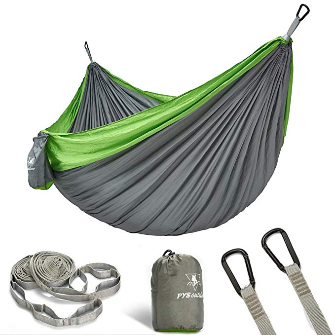 pys Double Portable Camping Hammock with Straps Outdoor -Nylon Parachute Hammock with Tree Straps Set with Max 1200 lbs Breaking Capacity, for Backpacking, Hiking, Travel (Gray Fruit Green)