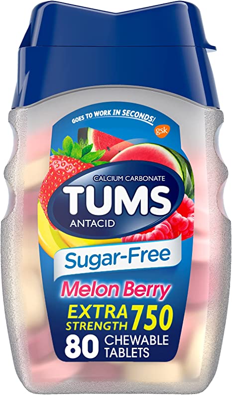 TUMS Extra Strength Sugar-Free Antacid, Melon Berry Chewable Tablets for Heartburn Relief, 80 CT