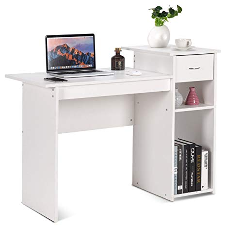 Tangkula Computer Desk Home Office Wooden PC Laptop Desk Modern Simple Style Wood Study Workstation Writing Table with Storage Drawer & Shelves Wooden Furniture