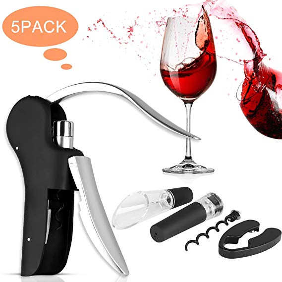 Vertical Lever Corkscrew Wine Opener - XREXS 5 in 1 Premium Wine Bottle Opener Kit with Foil Cutter, Extra Spiral, Vacuum Wine Stopper, Wine Pourer, Great Gift for Wine Lovers