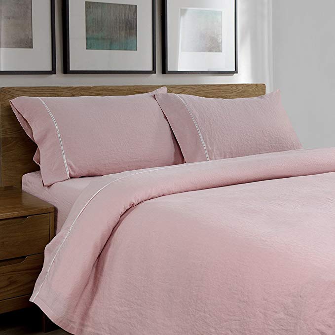 Simple&Opulence 100% Stone Washed Linen 4pcs Hollowed-Out Design Solid Sheet Set (Pink, King)
