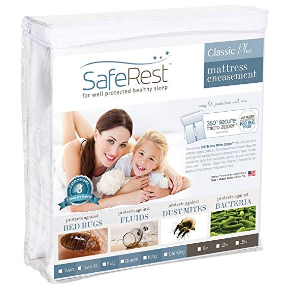 Full Size SafeRest Classic Waterproof Lab Certified Bed Bug Proof Zippered Mattress Encasement (Fits 9 - 12 in. H) - Designed For Bed Bug, Dust Mite and Fluid Protection