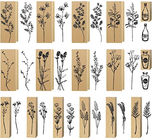 16 Pieces Wood Rubber Stamps Flower and Plant Decorative Rubber Stamp Vintage Wooden Mounted Stamp Set for DIY Crafting, Scrapbook, Painting, Letters Diary, Teaching and Card Making