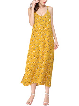 FURAMI Women's Summer Casual Spaghetti Strap Floral Print Boho Long Maxi Dress