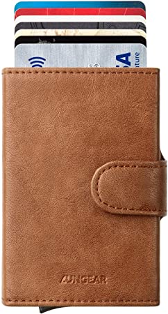 LUNGEAR Credit Card Holders Leather Wallet RFID Blocking Automatic Pop Up Slim Card Case for Men and Women, Brown