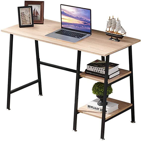 VECELO Computer Storage Workstation Study Desk Writing Table with 2 Tier Shelves for Office and Home,Light Walnut