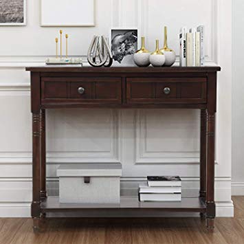 Pine Wood Media Console Table for Entryway Hallway, with Drawers and Shelf, Chestnut