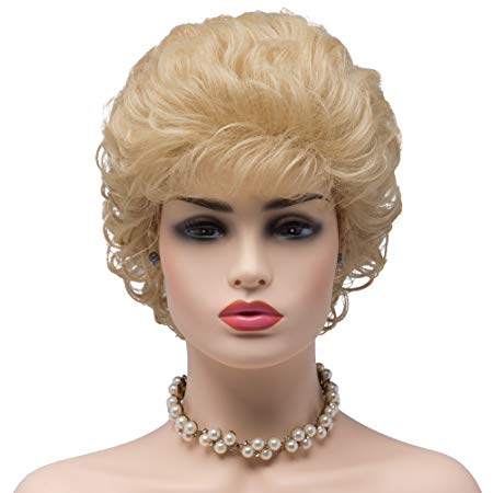 BESTUNG Ladies Blonde Short Curly Synthetic Full Hair Wigs Deep Wavy Fluffy Cosplay Costume Wig for Women (86/613#-Golden Blonde)