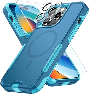 SunRemex Magnetic for iPhone 15 Pro Max Case with Camera Lens Protector & Tempered Glass Screen Protector, Magsafe Heavy-Duty iPhone 15 Pro Max Phone Case 6.7" (LakeSkyBule)