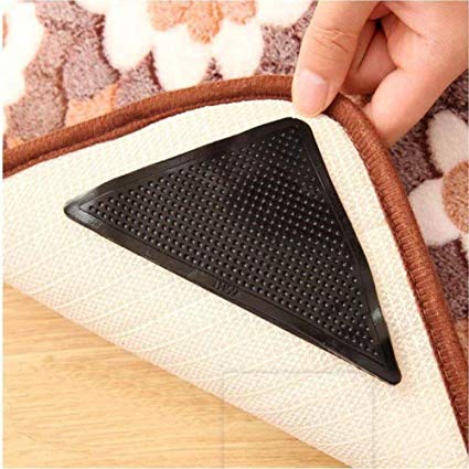RAVCON Rug Grippers Non Slip Sticker Carpet Rubber Anti-Skid Black Reusable Washable Pad Triangle with Rug Sticker (8 adhesive sticker   8 Rug Pad)