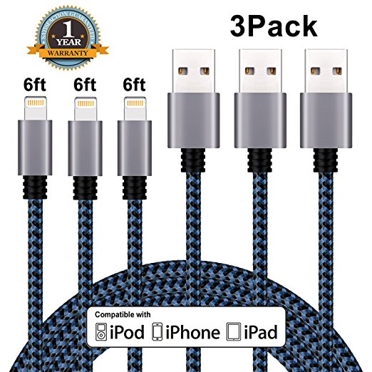 Sundix iPhone Charger 3Pack 6FT Ultra Long Nylon Braided Cord Lightning to USB Cable Compatible with iPhone 7/ 7Plus/ SE/ 6s/ 6 /6 Plus/ 6s Plus/ 5s/ 5c/ 5/ iPad Air/ Mini/ iPod Nano/ Touch (Blue)