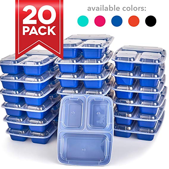 Dash DMPS203GBBU06 Reusable BPA Free Meal Prep Containers   Bento Box with 3 Compartment Plates & Lids for Food Storage or Healthy Portion Control 20 pack Blue