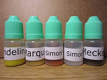 Marquis Mandelin Mecke and Simons Reagent testing kit. Five 5ml Bottles with Identification Cards and Reaction Vial