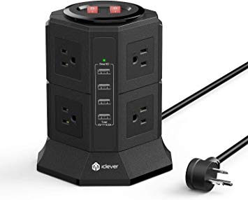 iClever Power Strip Tower Surge Protector, 8 AC Outlets 4 USB Ports Desktop Charging Station with 6.5ft Extension Cord for PC Laptops iPhone Mobile Devices Home Office