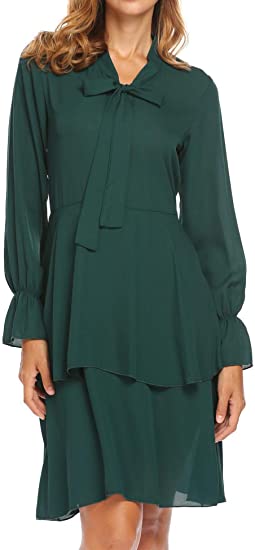 ANGVNS Women's Ruffles Tie Neck Long Sleeve Solid Casual Loose Midi Dress