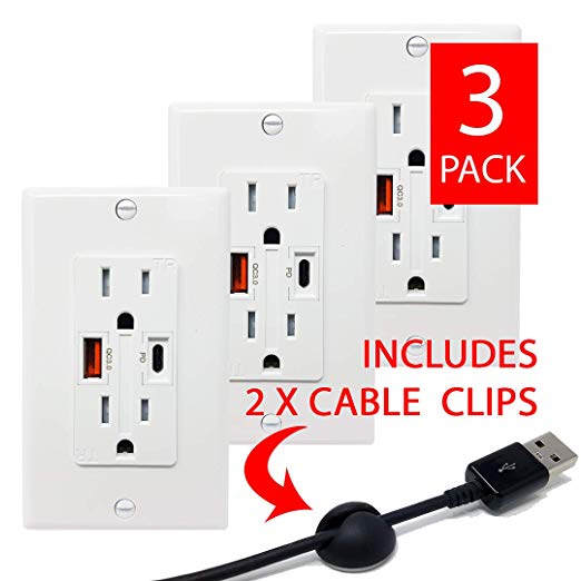 TEKLECTRIC - Quick Charging Type A & Type C USB Charger Tamper-Resistant Receptacle Wall Plate and Screws Included… 3 Pack