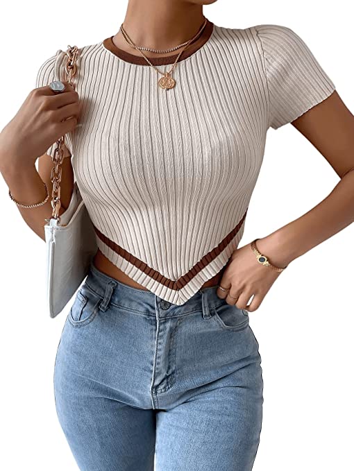 SweatyRocks Women's Short Sleeve Round Neck Crop Tee Asymmetrical Hem Rib Knit T-Shirt Crop Top