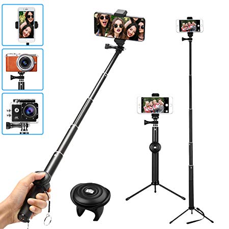 MWAY Selfie Stick 2 in 1 Portable Phone Tripod Camera Stand with Remote Control and Universal Phone Holder, Extendabale Monopod for iPhone X/8/7/6, Galaxy Note 8/S8, Gopros, Mini SLR Camera Black