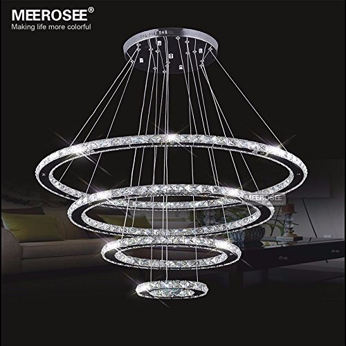 MEEROSEE Crystal Chandeliers Modern LED Ceiling Lights Fixtures Pendant Lighting Dining Room Chandelier Contemporary Adjustable Stainless Steel Cable 4 Rings DIY Design D31.5" 23.6" 15.7" 7.8"