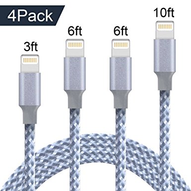 Lightning Cable,ONSON iPhone Cable 4Packs 3FT 6FT 6FT 10FT to USB Syncing and Charging Cable Data Nylon Braided Cord Charger for iPhone 7/7 Plus/6/6 Plus/6s/6s Plus/5/5s/5c/SE and more (Gray&White)