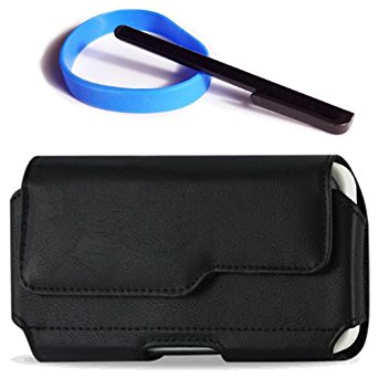 LG Google Nexus 5 Premium Quality Plus Size Leather Pouch Cellphone Carrying Case Cover Belt Clip with Secure Belt Loops   Blue Silicone Wrist Band   Black Stylus Pen