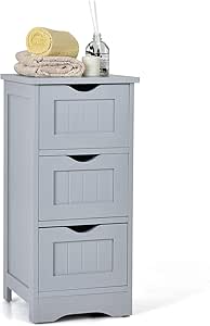 COSTWAY Bathroom Storage Cabinet, Space-saving Slim Storage Cabinet with 3 Drawers, Freestanding Wooden Narrow Floor Cabinet for Living Room Bathroom Bedroom Entryway (Gray)