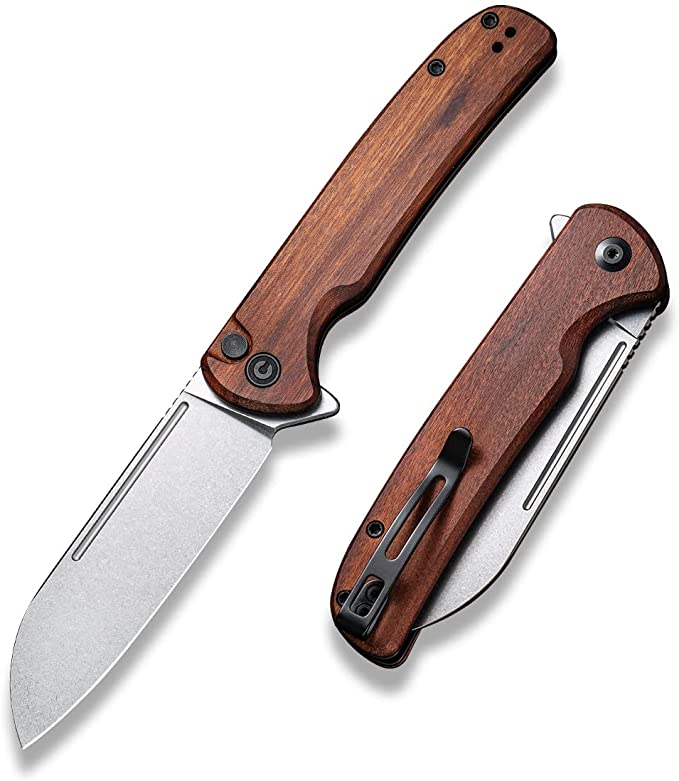 CIVIVI Chevalier Folding Pocket Knife, Button Lock EDC Knife 3.46" Stonewashed 14C28N Sheepsfoot Blade Cuibourtia Wood Handle, Utility Knife for Hiking Camping Fishing Work Outdoor