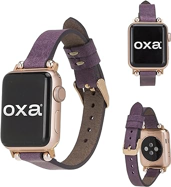 OXA Leather Slim Compatible with Apple Watch Band | Series 8 7 6 5 4 3 2 1 SE Ultra | Polished Stainless-Steel Buckle and Adapters | Cute Women | 38mm 40mm 41mm 42mm 44mm 45mm 49mm |