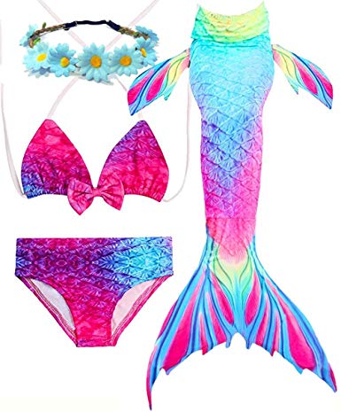 AMENON Girls Mermaid Tails for Swimming Bikini Swimsuits for Pool Summer with Monofin