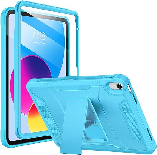 Soke Case for iPad 10th Generation 10.9-inch 2022, with Built-in Screen Protector and Kickstand, Rugged Full Body Protective Cover for New Apple iPad 10.9 Inch - Cyan Blue