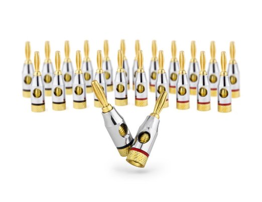 24k Gold Connector Banana Plugs, Open Screw Type 24 Pack (12 Red, 12 Black)
