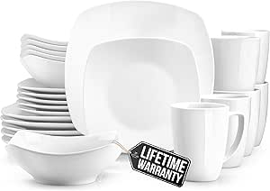 Zulay Kitchen Luna Plates and Bowls Sets, 24 Piece Modern Porcelain Dish Set for 6, Chip and Scratch Resistant Square Dinnerware Set, Microwave and Dishwasher Safe, Pearl White