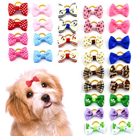 MEWTOGO 30 pcs/15 pairs Pet Hair Bows With Rubber Bands-Dog Hair Accessories with Different Pattern (rubber band)