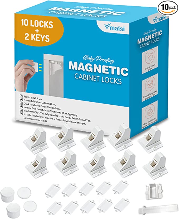 Vmaisi Adhesive Magnetic Locks for Cabinets & Drawers (10 Locks and 2 Keys)