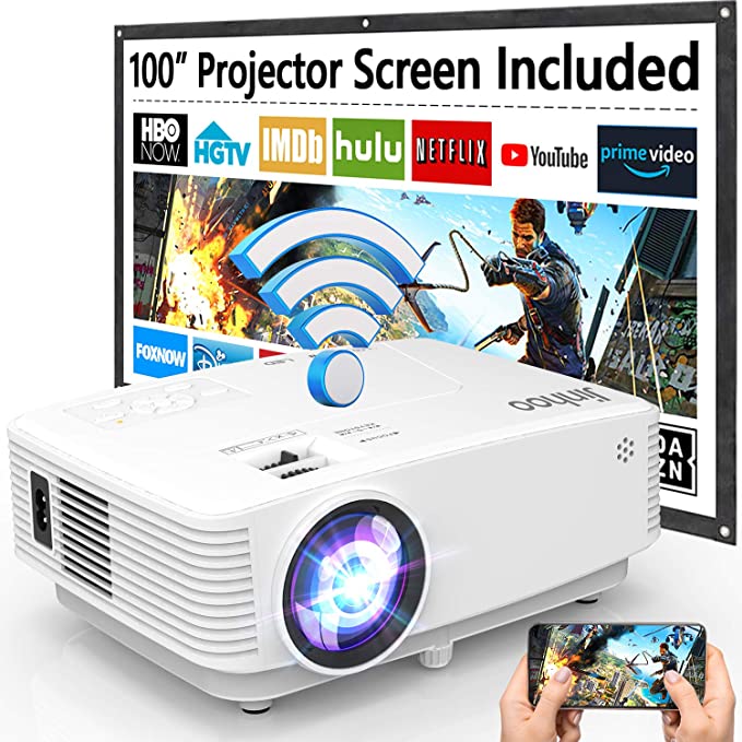 WiFi Projector, Jinhoo Mini Projector 6500 Lumen with 100 Inch Screen, Full HD 1080P Supported Portable Projector, Native 720P Projector Compatible with TV Stick Smartphone Tablet HDMI USB AV for Home Theater