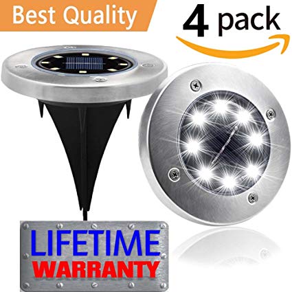Solar Ground Lights,Outdoor Garden Pathway Waterproof In-Ground Driveway Lawn Walkway Flood Lights 8 LEDs Disk Lights,A Bright Road in Your Garden, White(8 LEDs,4-PACK)