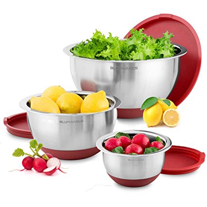 Blümwares 3-Piece Stainless Steel Mixing Bowls with Lids & Non-Skid Rubber Grip Bottoms | Set of 3