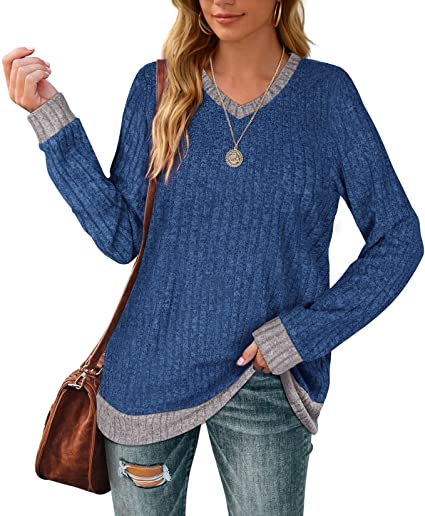 Aokosor Sweaters for Women Lightweight V Neck Long Sleeve Tunics for Leggings Soft Color Block