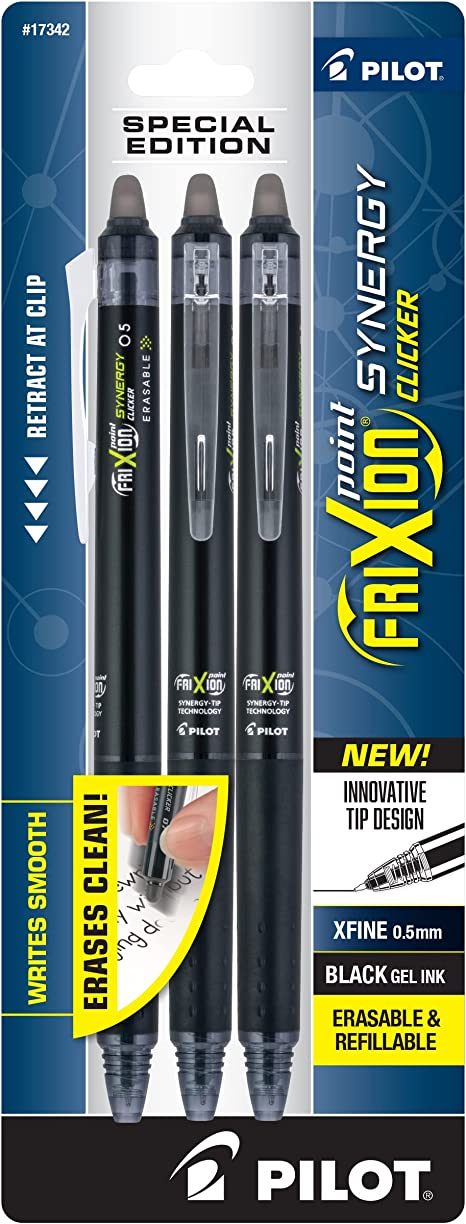 PILOT FriXion Synergy Clicker Erasable, Refillable & Retractable Gel Ink Pens, Extra Fine Point, Black Ink, 3-Pack (17342)