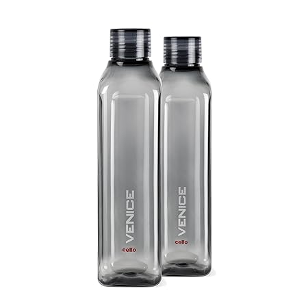 CELLO Venice Plastic Water Bottle, 1 Litre, Set of 2, Black